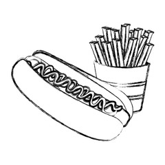 monochrome sketch with hot dog and french fries vector illustration