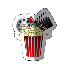 sticker color with popcorn cup with cinematography tape and clapper board vector illustration