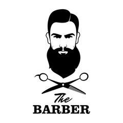 The Barber. Handsome man with beard and mustache. Scissors. Barber shop symbol.