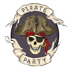 Pirate party, oval emblem, skull on dark background and two tapes. Vector illustration