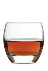 Glass with brandy and whiskey on white background