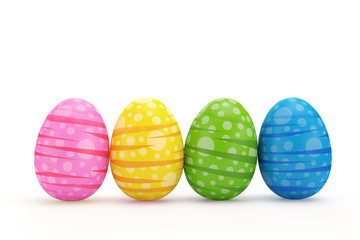 Three Easter eggs on a white background. 3d render illustration.