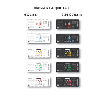 Dropper e-liquid label for brand identity of e-juice vapor product
