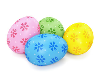 3d render illustration. Four differently colored eggs on a white background.