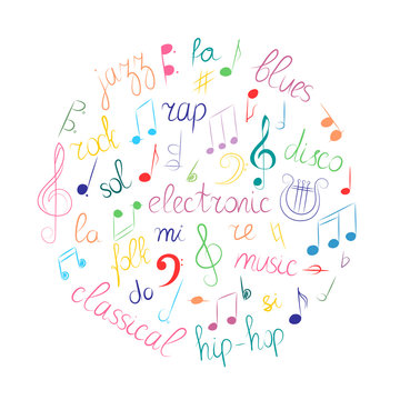 Colorful Hand Drawn Set of  Music Symbols.  Doodle Treble Clef, Bass Clef, Notes and Music Styles Arranged in a Circle. Vector Illustration.
