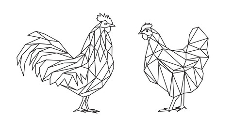 Illustrazione geometrica di un gallo e una gallina, file vettoriale © LALArte