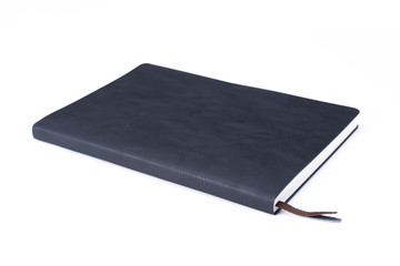 Black leather notebook isolated on white background.