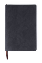 Black leather notebook isolated on white background.