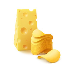 Potato Chips Stack with Cheese on White Background