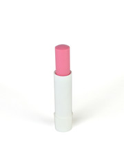 Open stick of pink lip balm isolated on white background