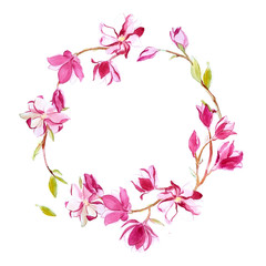 Fototapeta na wymiar watercolor romantic wreath of rose magnolies flower isolated on white background. Flower frame for card and wedding.