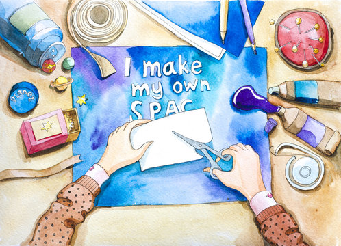 watercolor illustration.top view of work table and hands. Hand made scrapbooking card. I make my own space