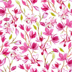 Seamless pattern of watercolor romantic magnolia flower isolated on white background