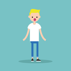 Surprised young blond boy standing with open mouth / flat editable vector illustration