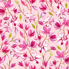 Seamless pattern of watercolor romantic magnolia flower on pink background