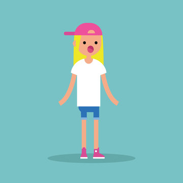 Surprised young blond girl standing with open mouth / flat editable vector illustration