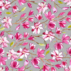 Seamless pattern of watercolor romantic magnolia flower on gray background