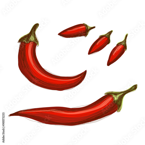 "Set of hand drawn red chili peppers over white background" Stock image