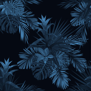 Exotic tropical vector background with hawaiian plants and flowers. Seamless indigo tropical pattern with guzmania flowers, monstera and royal palm leaves.