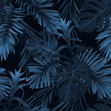 Exotic Tropical Vrctor Background With Hawaiian Plants And Flowers. Seamless Indigo Tropical Pattern With Monstera And Sabal Palm Leaves, Guzmania Flowers.