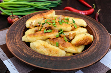 Popular traditional Czech, Hungarian, German dish: potato knedli (dumplings) with slices of fried bacon, spicy red pepper and green onions.