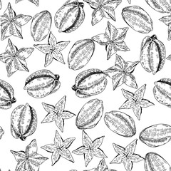 Vector seamless pattern of isolated carambola. hand drawn colored exotic fruits. Engraved art.
