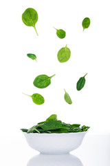 Food in motion, spinach leaves flying
