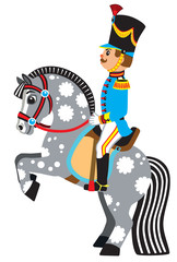 cartoon soldier sitting on a rearing horse . Side view vector illustration for little kids 