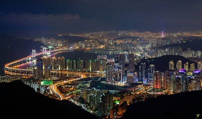 Busan, South Korea aerial view at night