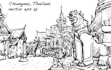 sketch of cityscape show asia style temple space in Thailand, illustration vector