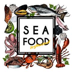 Fototapety  Wektor ręcznie rysowane transparent owoce morza. kolorowe homary, łosoś, kraby, krewetki, ośmiornice, kalmary, małże. Grawerowane sztuki