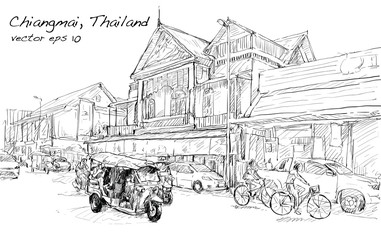sketch of cityscape show asia style trafic on street and building in Thailand, illustration vector