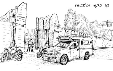 sketch of cityscape show asia style trafic on street and building in Thailand, illustration vector