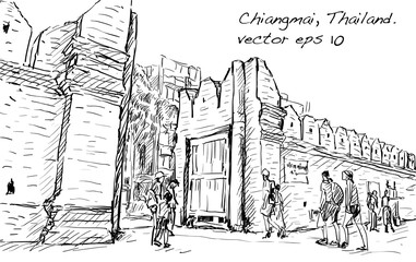 sketch of cityscape show aisa heritage Tha Phae gaet in Chiangmai Thailand, illustration vector