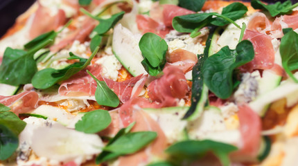 Meat, Spinach With Zucchini And Cheese On Pizza