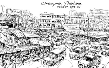 sketch of cityscape show asia style trafic on street and building in Thailand, illustration vector