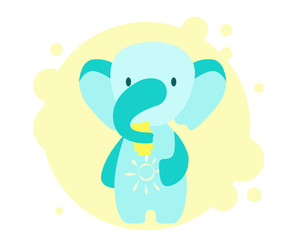 Cute little elephant uses sunscreen. Vector illustration