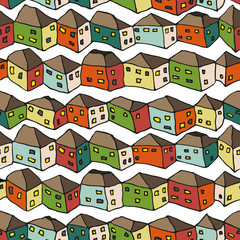 Seamless hand drawn vector pattern with homes for textile, ceramics, fabric, print, cards, wrapping