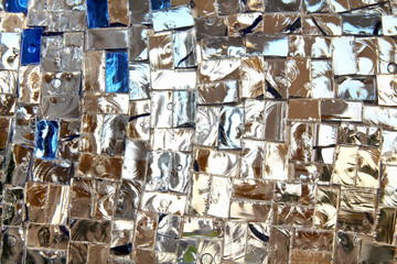Detail of a beautiful crumbling abstract glass mosaic decoration. Stained-glass window. Leaded pane or panel. Glass painting. Decorative background. Selective focus. Closeup macro view. Horizontal.