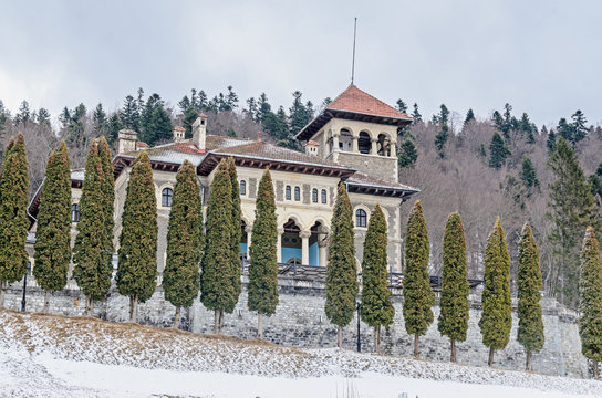 The Cantacuzino Palace (Palatul Cantacuzino) from Busteni, Romania, winter time with snow and ice