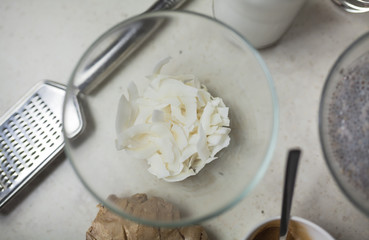 Coconut Shavings In Bowl Prepared For Chia Pudding