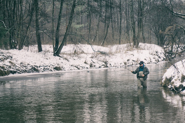 Fishermen on the winter river. Tenkar? Fishing.