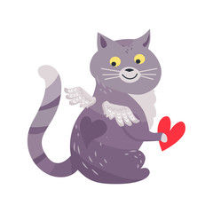 Cat with Angel Wings Holding Red Heart Isolated