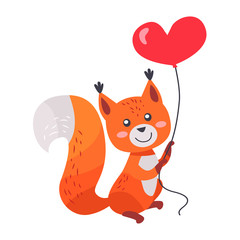 Fox with Red Heart Shaped Balloon in Paws Isolated