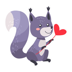 Grey Squirrel with Heart on Stick Isolated White