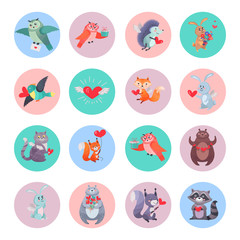 Set of Animals with Hearts. Valentines Day Concept