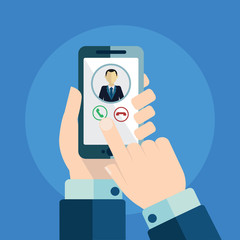 Incoming call on smartphone screen. Calling service. Hand holds smartphone, finger touch screen. Modern concept for web banners, web sites, infographics. Creative flat design vector illustration