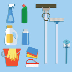 Cleaning service flat illustration. Poster template for house cleaning services with various cleaning tools.