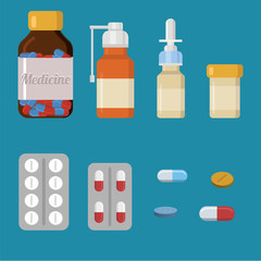 Different medical pills and bottles, healthcare and shopping, pharmacy, drug store. Vector illustration in flat style