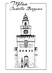 Sforza Castle or Castello. Sforzesco sketch illustration. Medieval castle in Milan